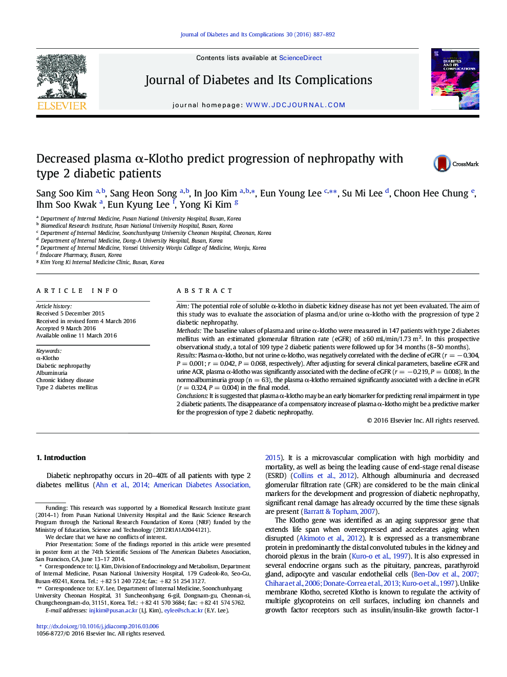 Decreased plasma α-Klotho predict progression of nephropathy with type 2 diabetic patients 