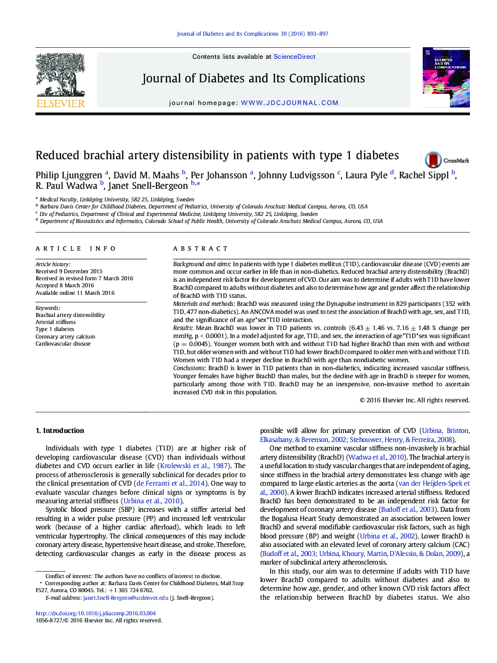 Reduced brachial artery distensibility in patients with type 1 diabetes 