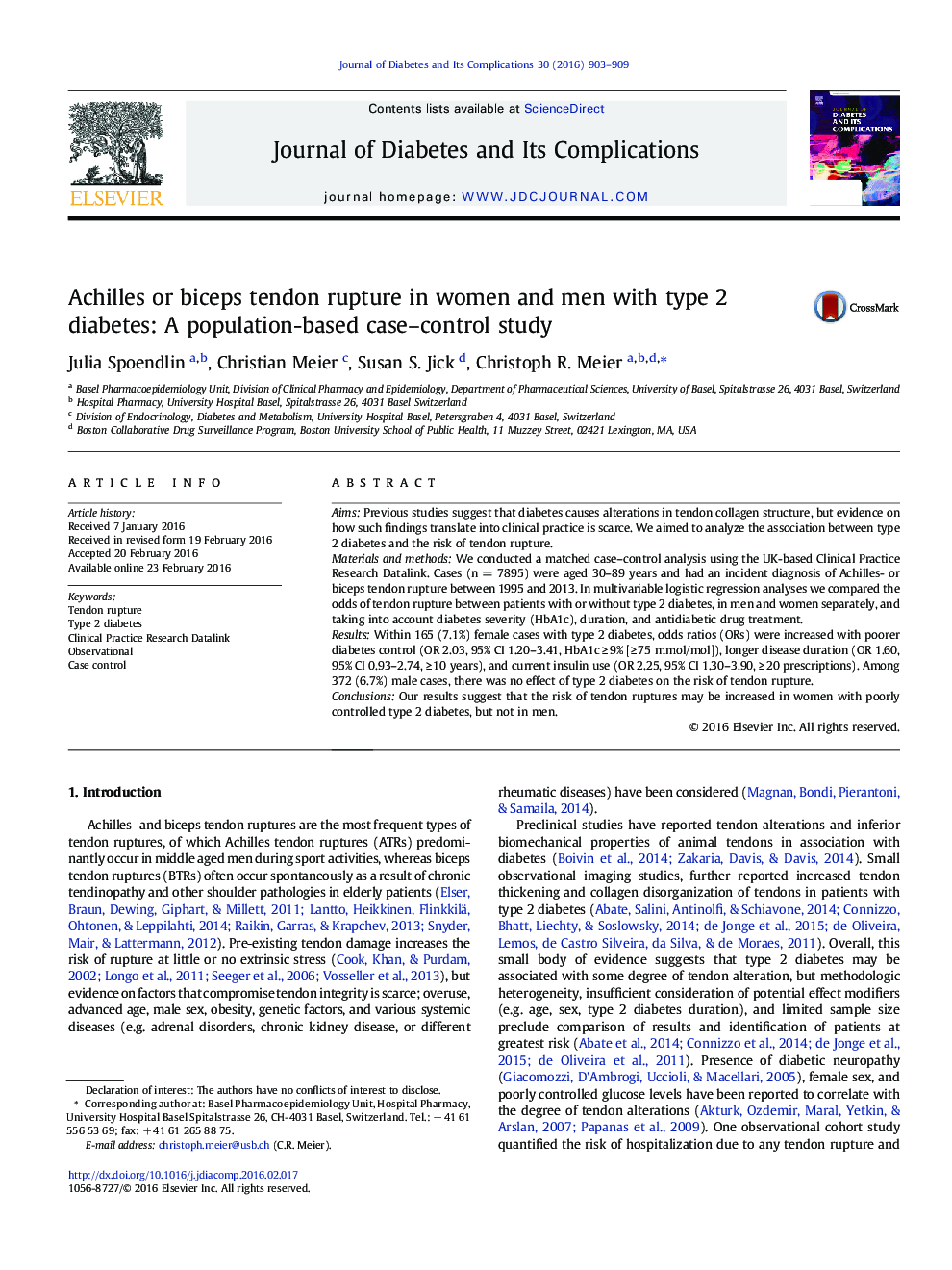 پارگی تاندون آشیل یا دو طرفه در زنان و مردان مبتلا به دیابت نوع 2: یک مطالعه کنترل قیاسی مبتنی بر جمعیت 