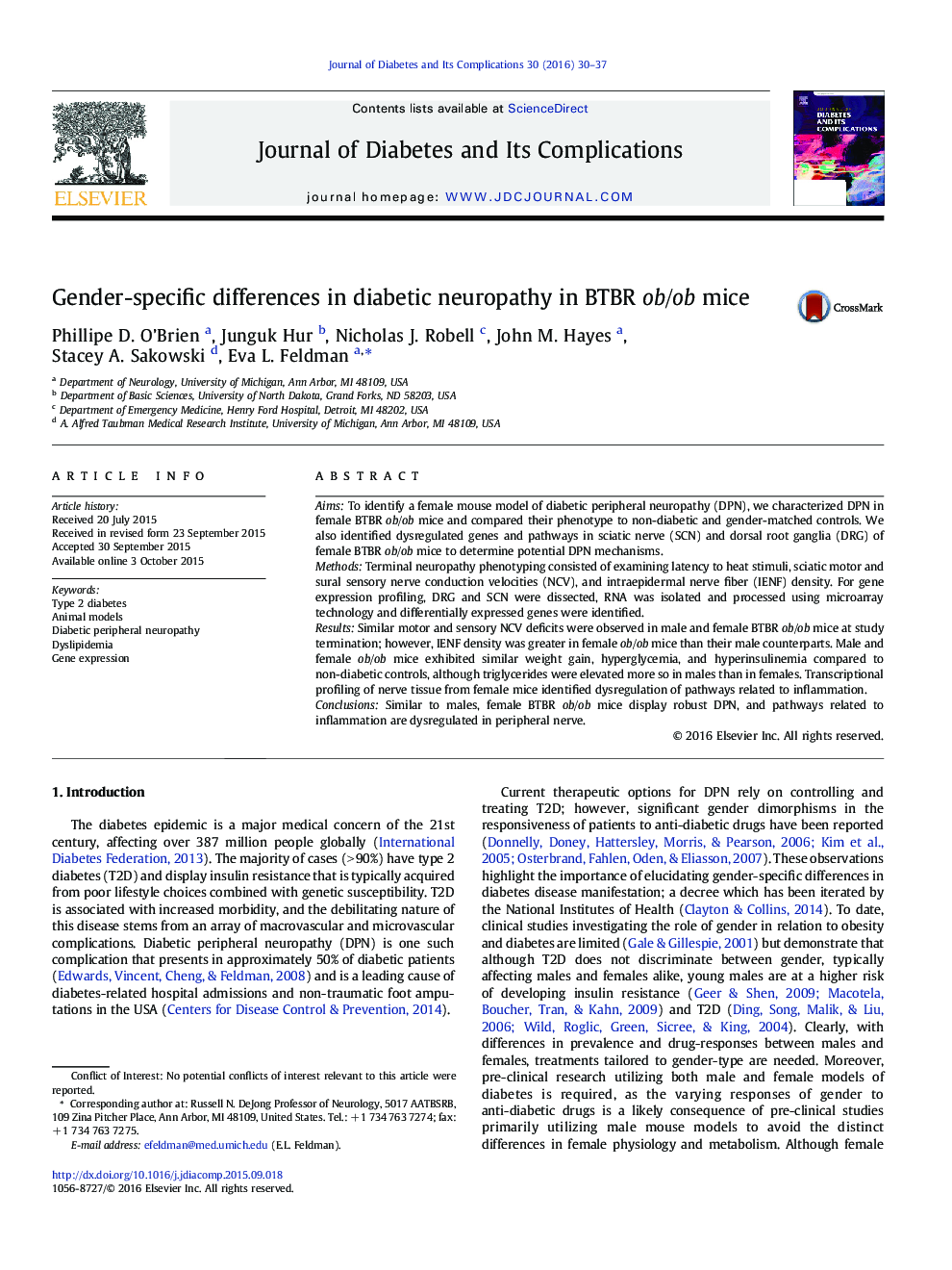 Gender-specific differences in diabetic neuropathy in BTBR ob/ob mice 