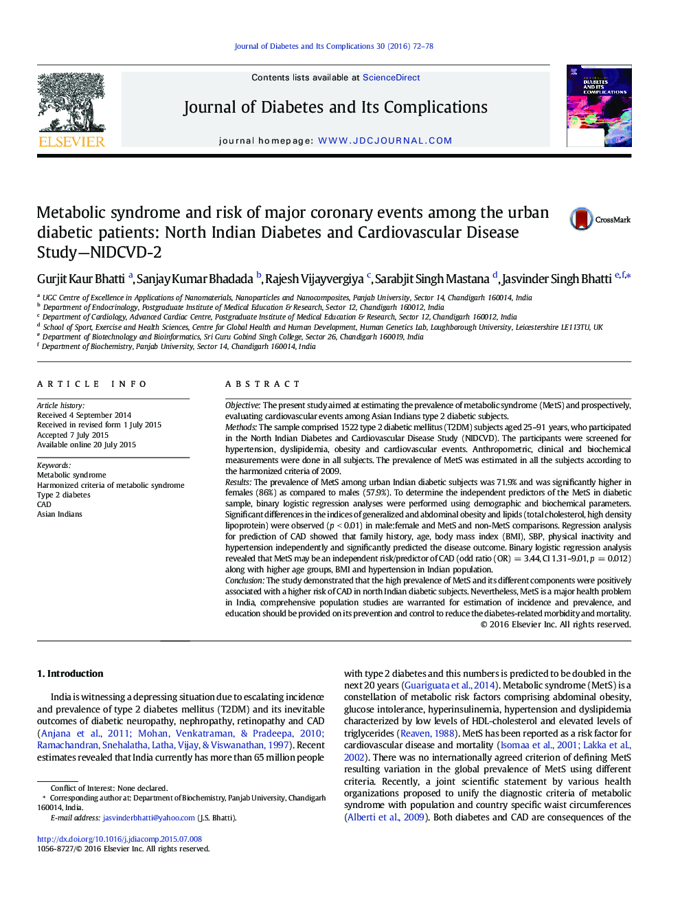 Metabolic syndrome and risk of major coronary events among the urban diabetic patients: North Indian Diabetes and Cardiovascular Disease Study—NIDCVD-2 