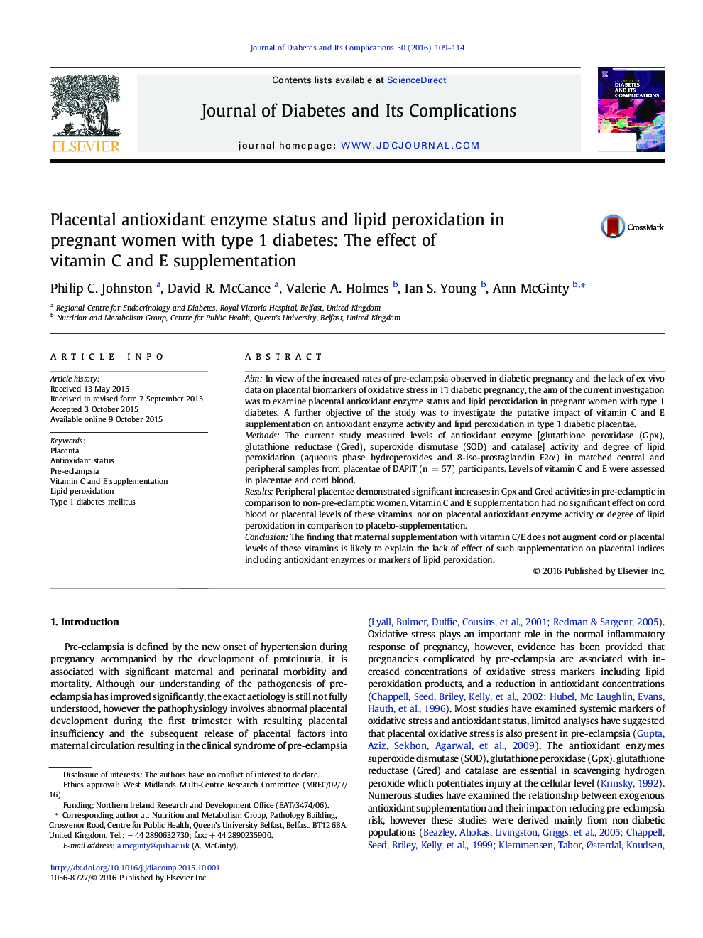 Placental antioxidant enzyme status and lipid peroxidation in pregnant women with type 1 diabetes: The effect of vitamin C and E supplementation 