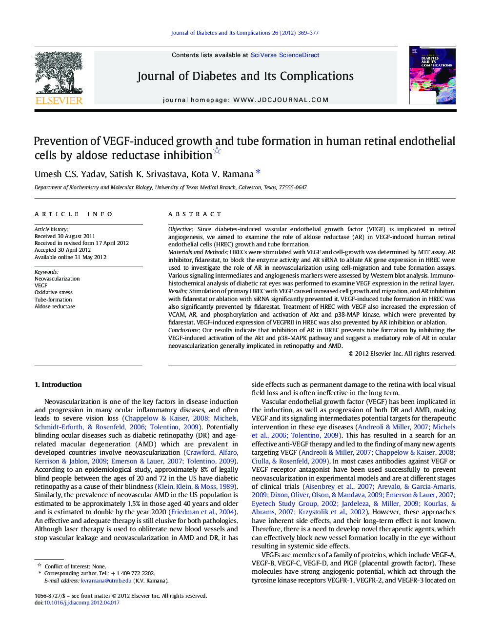 Prevention of VEGF-induced growth and tube formation in human retinal endothelial cells by aldose reductase inhibition 