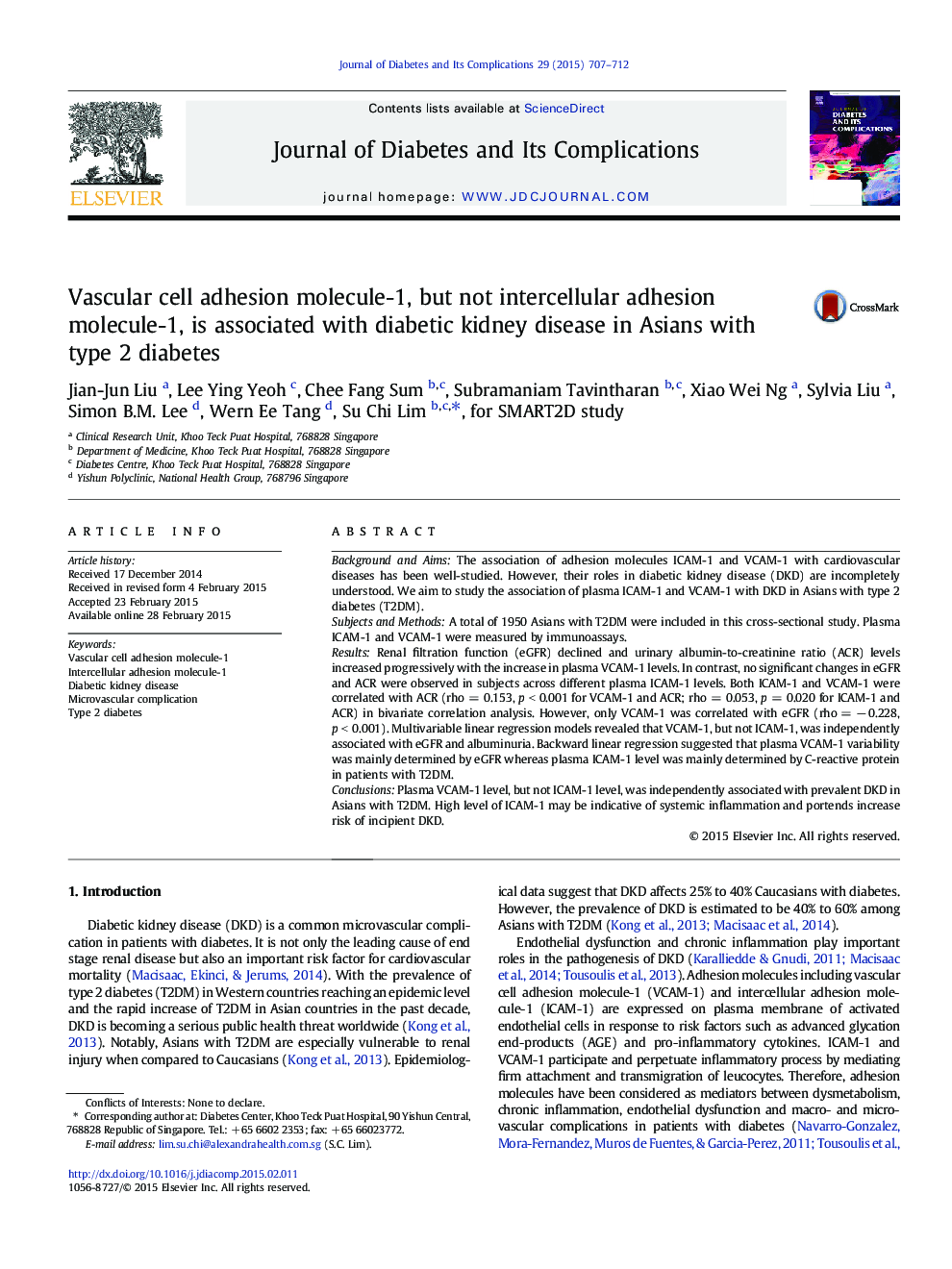 Vascular cell adhesion molecule-1, but not intercellular adhesion molecule-1, is associated with diabetic kidney disease in Asians with type 2 diabetes