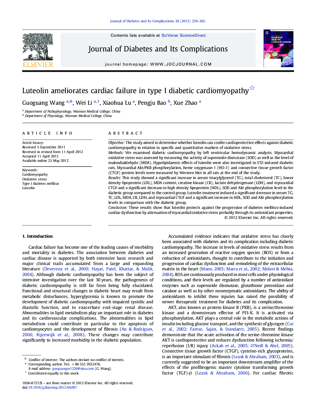 Luteolin ameliorates cardiac failure in type I diabetic cardiomyopathy 