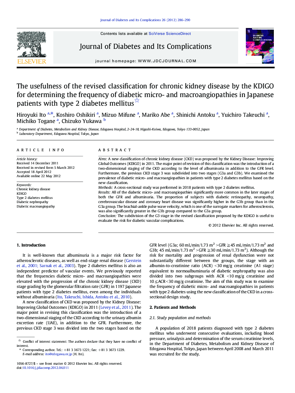 The usefulness of the revised classification for chronic kidney disease by the KDIGO for determining the frequency of diabetic micro- and macroangiopathies in Japanese patients with type 2 diabetes mellitus 