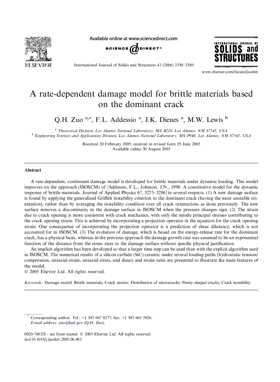 A rate-dependent damage model for brittle materials based on the dominant crack