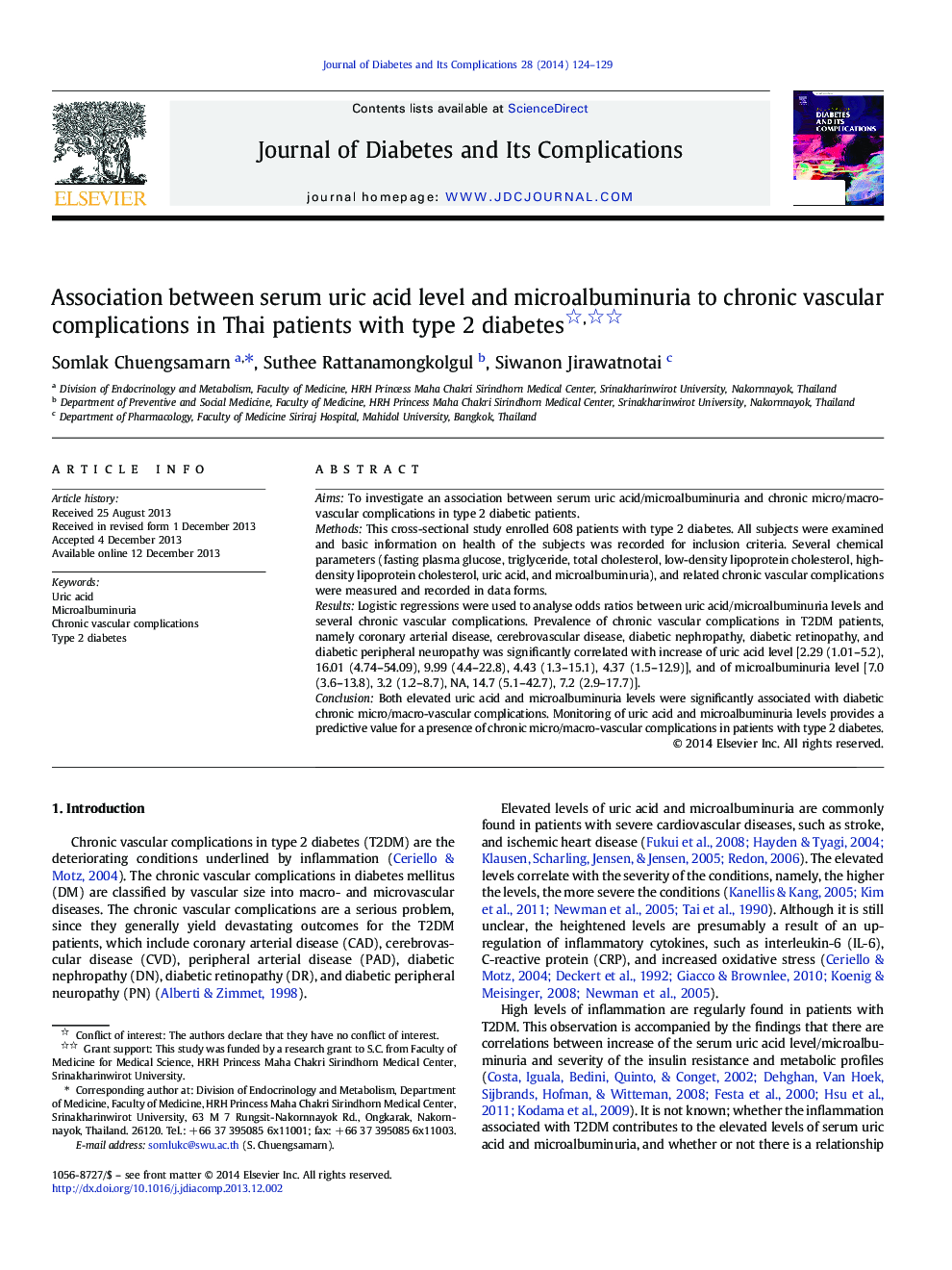 Association between serum uric acid level and microalbuminuria to chronic vascular complications in Thai patients with type 2 diabetes 