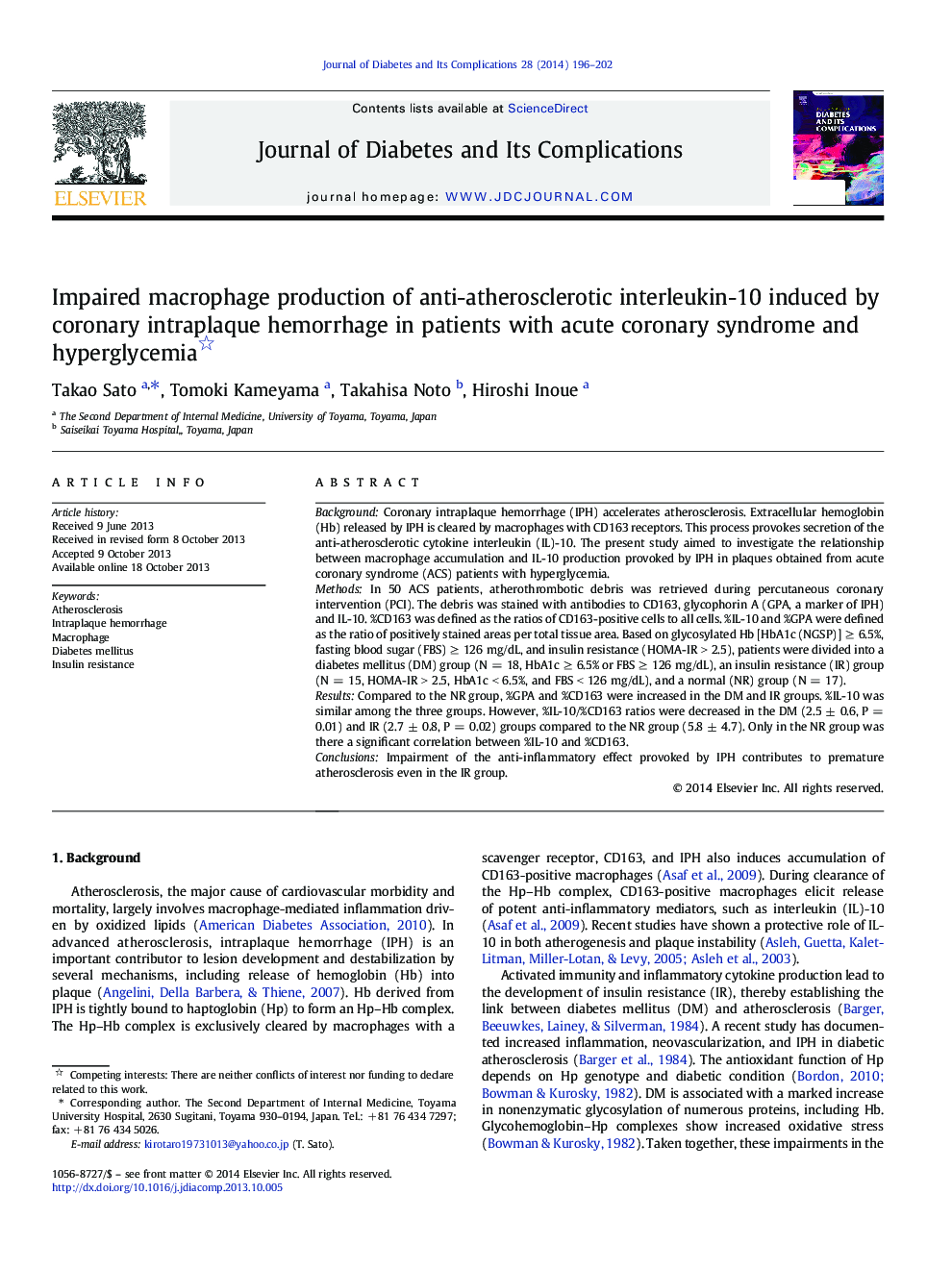 Impaired macrophage production of anti-atherosclerotic interleukin-10 induced by coronary intraplaque hemorrhage in patients with acute coronary syndrome and hyperglycemia 