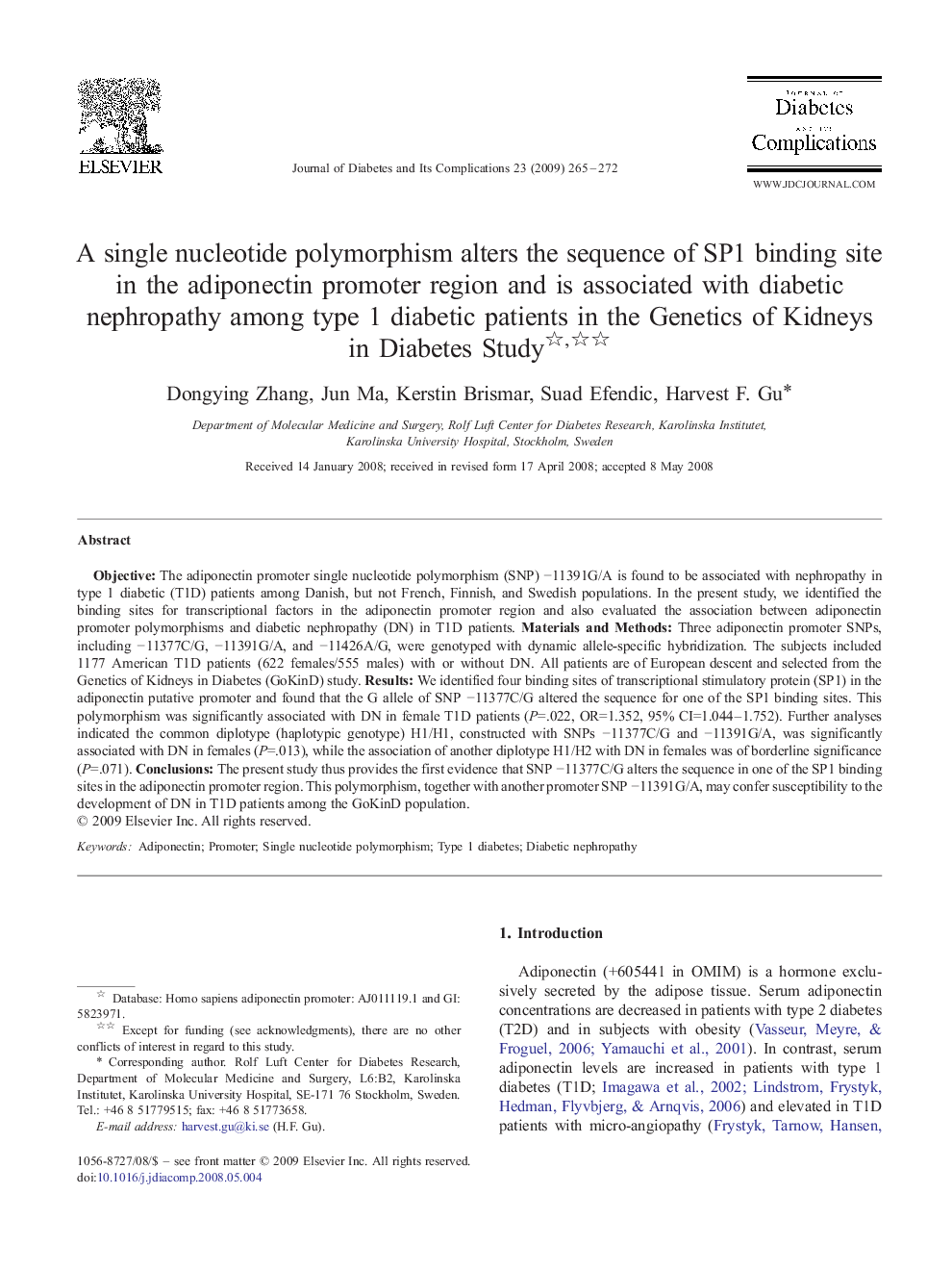 A single nucleotide polymorphism alters the sequence of SP1 binding site in the adiponectin promoter region and is associated with diabetic nephropathy among type 1 diabetic patients in the Genetics of Kidneys in Diabetes Study 