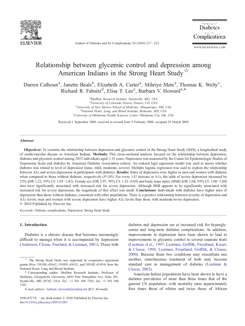 Relationship between glycemic control and depression among American Indians in the Strong Heart Study 