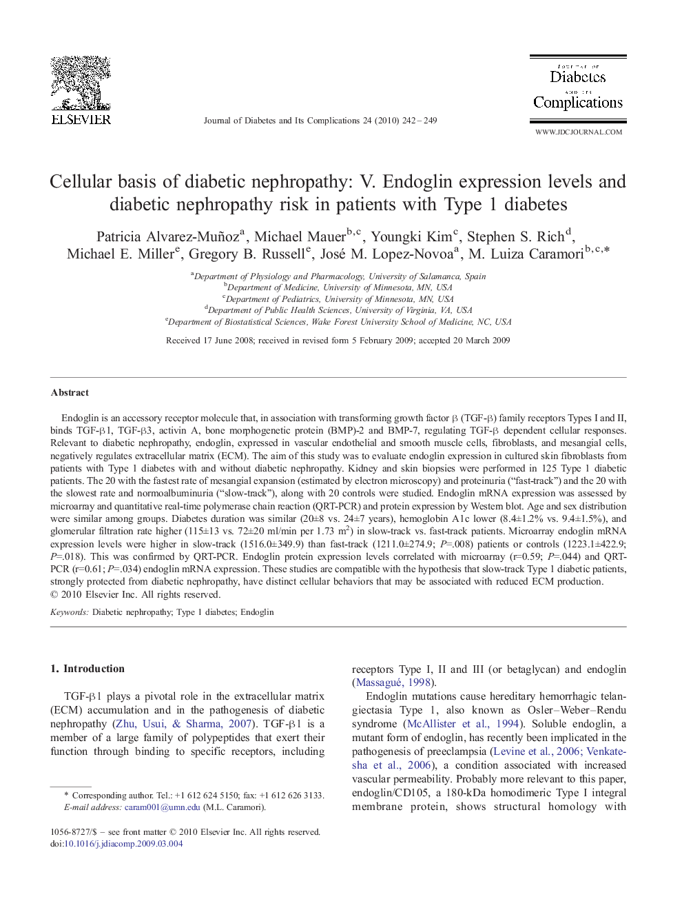 Cellular basis of diabetic nephropathy: V. Endoglin expression levels and diabetic nephropathy risk in patients with Type 1 diabetes