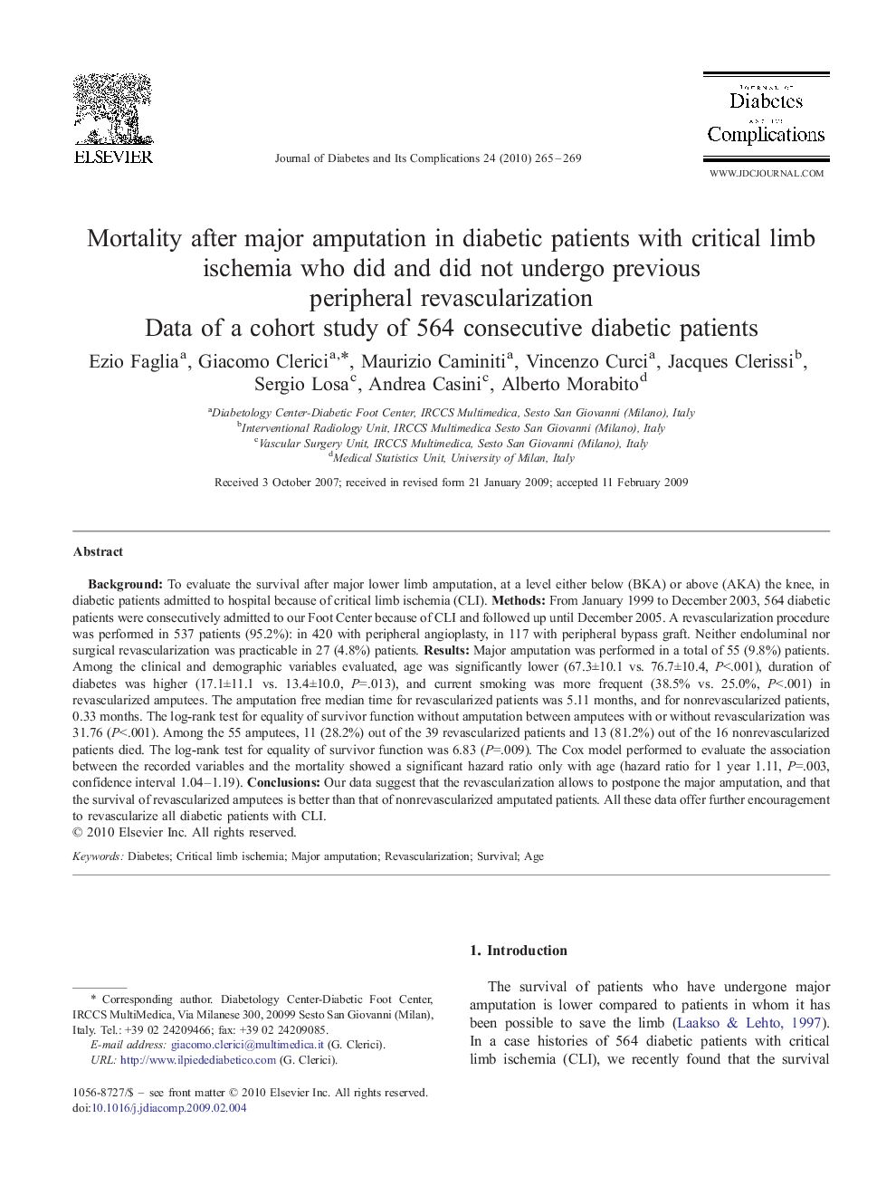 Mortality after major amputation in diabetic patients with critical limb ischemia who did and did not undergo previous peripheral revascularization: Data of a cohort study of 564 consecutive diabetic patients