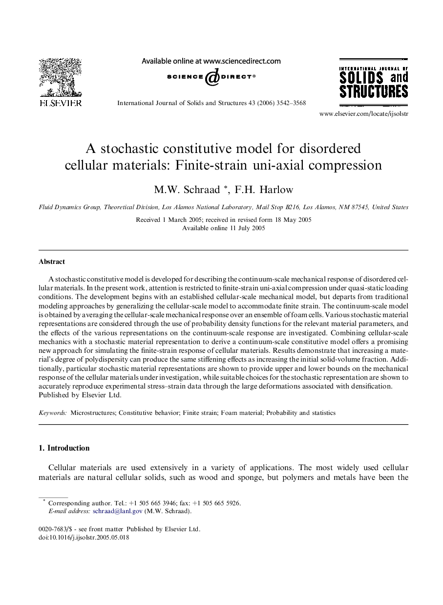 A stochastic constitutive model for disordered cellular materials: Finite-strain uni-axial compression