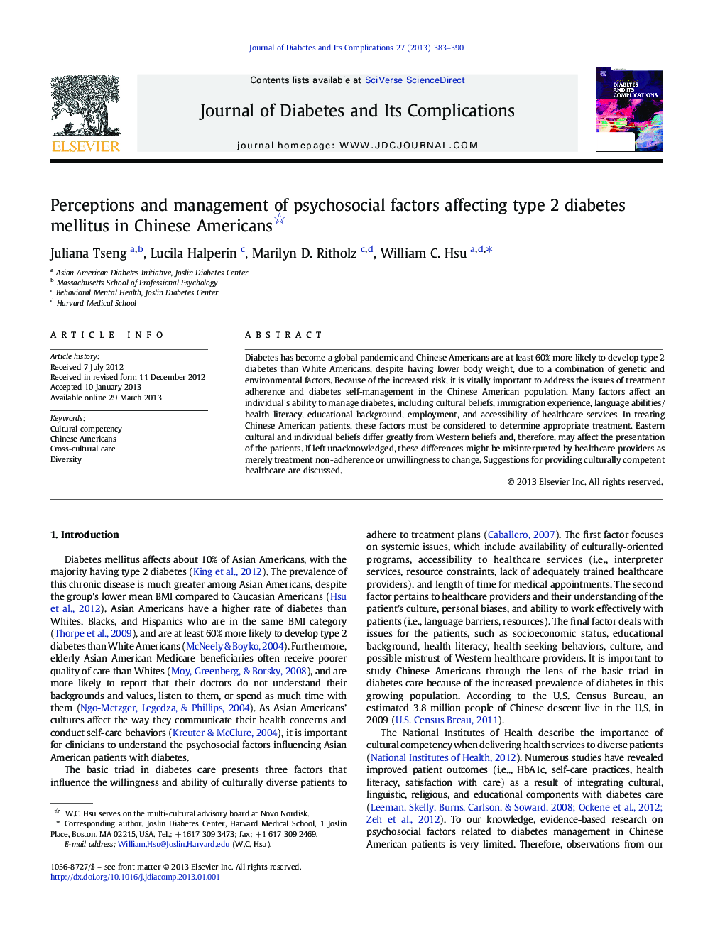 Perceptions and management of psychosocial factors affecting type 2 diabetes mellitus in Chinese Americans 