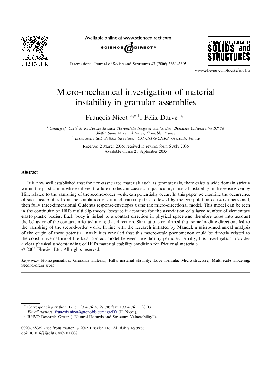 Micro-mechanical investigation of material instability in granular assemblies