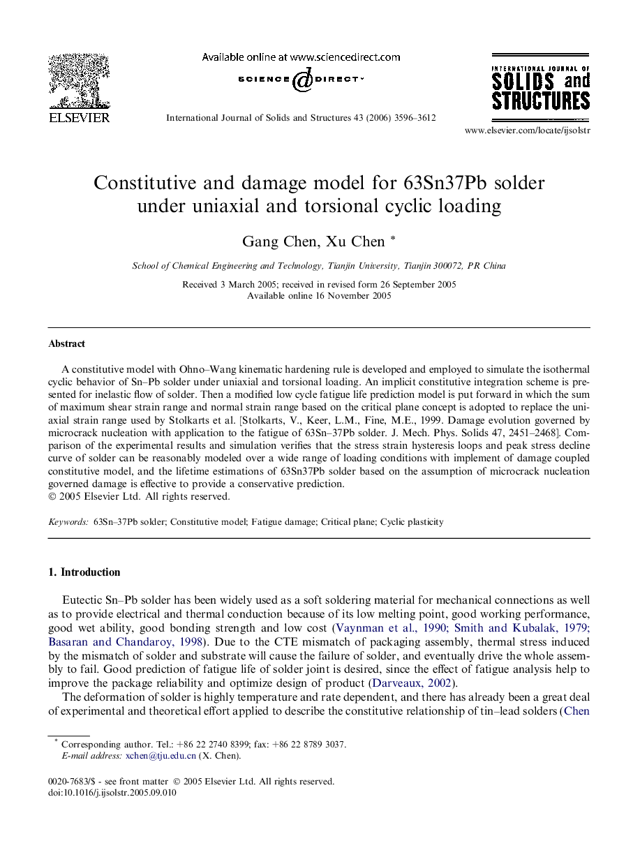 Constitutive and damage model for 63Sn37Pb solder under uniaxial and torsional cyclic loading