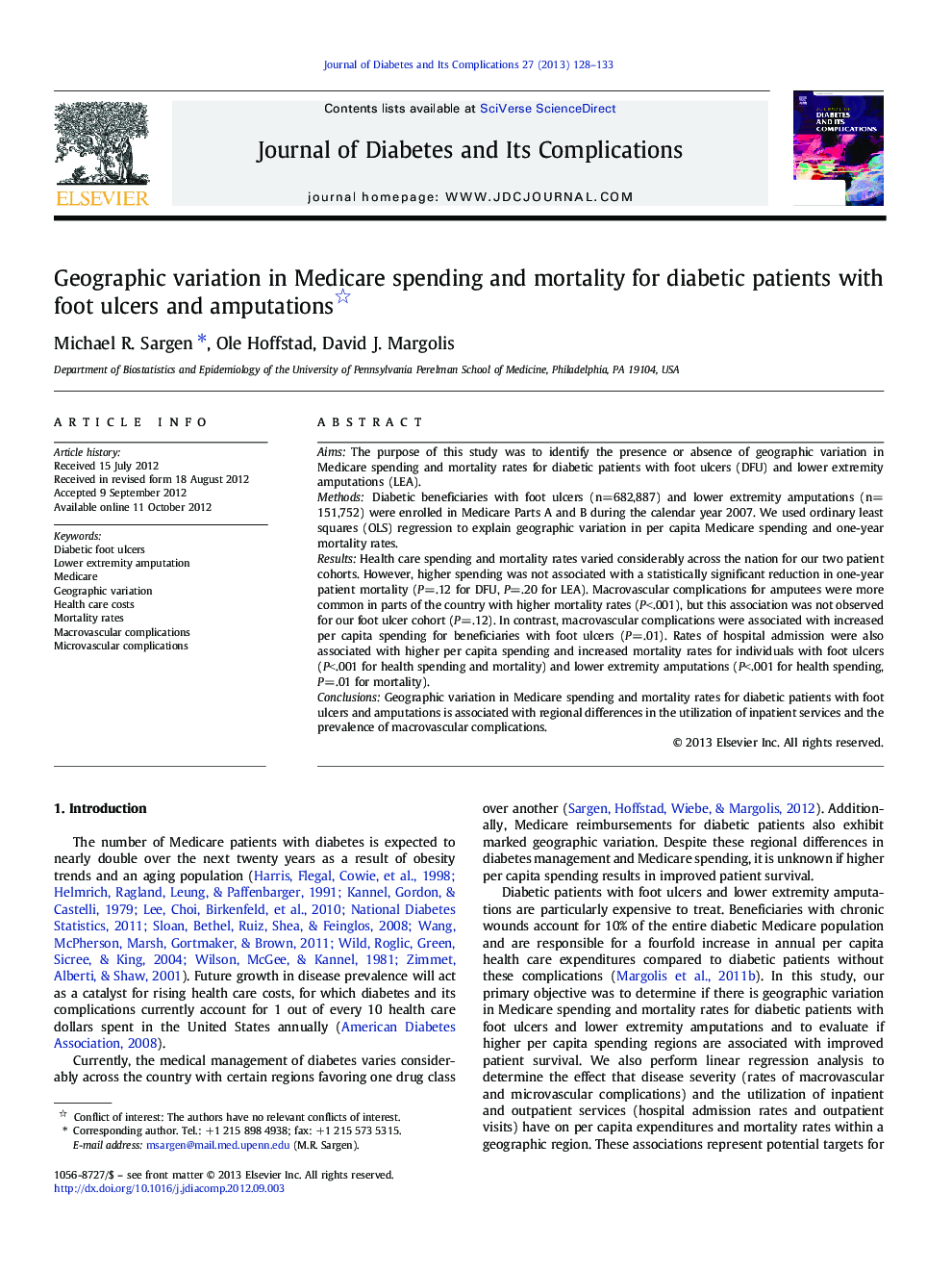 Geographic variation in Medicare spending and mortality for diabetic patients with foot ulcers and amputations 