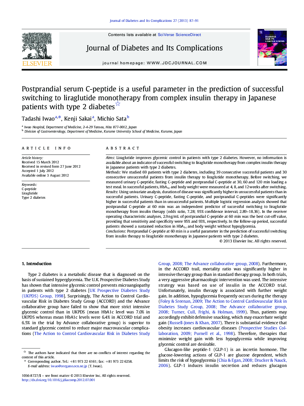 Postprandial serum C-peptide is a useful parameter in the prediction of successful switching to liraglutide monotherapy from complex insulin therapy in Japanese patients with type 2 diabetes 