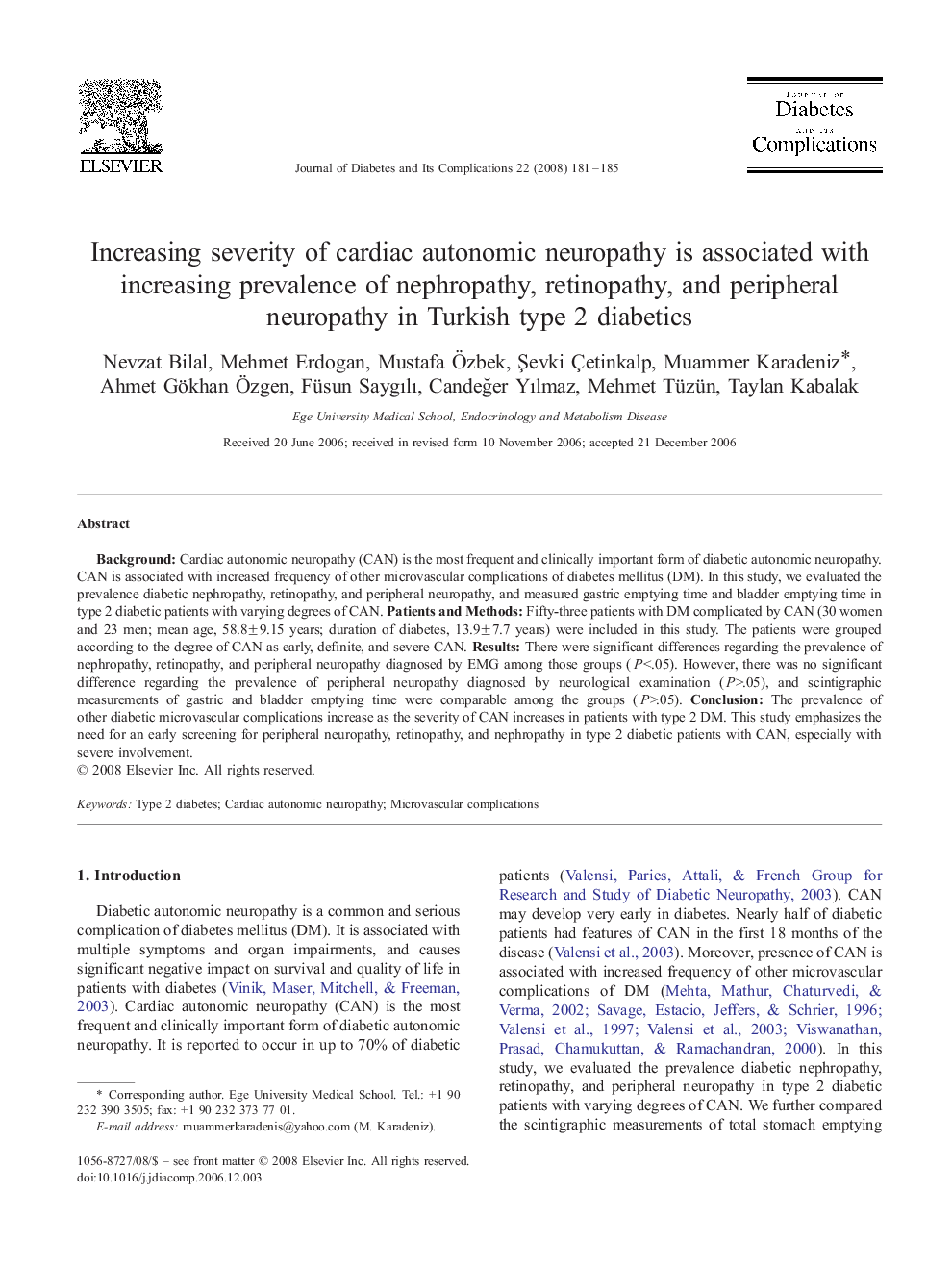 Increasing severity of cardiac autonomic neuropathy is associated with increasing prevalence of nephropathy, retinopathy, and peripheral neuropathy in Turkish type 2 diabetics