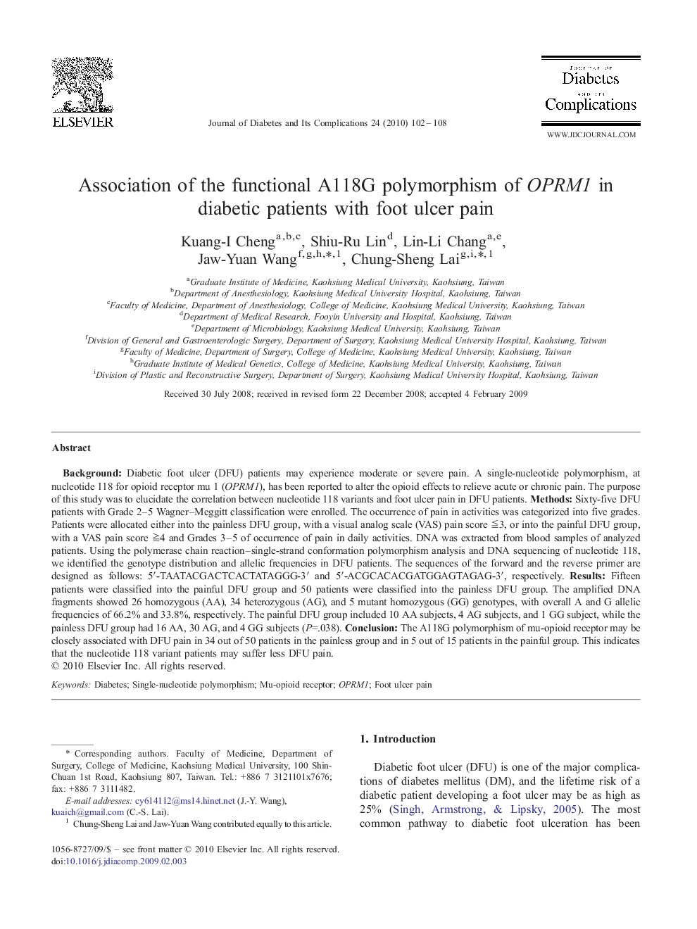 Association of the functional A118G polymorphism of OPRM1 in diabetic patients with foot ulcer pain