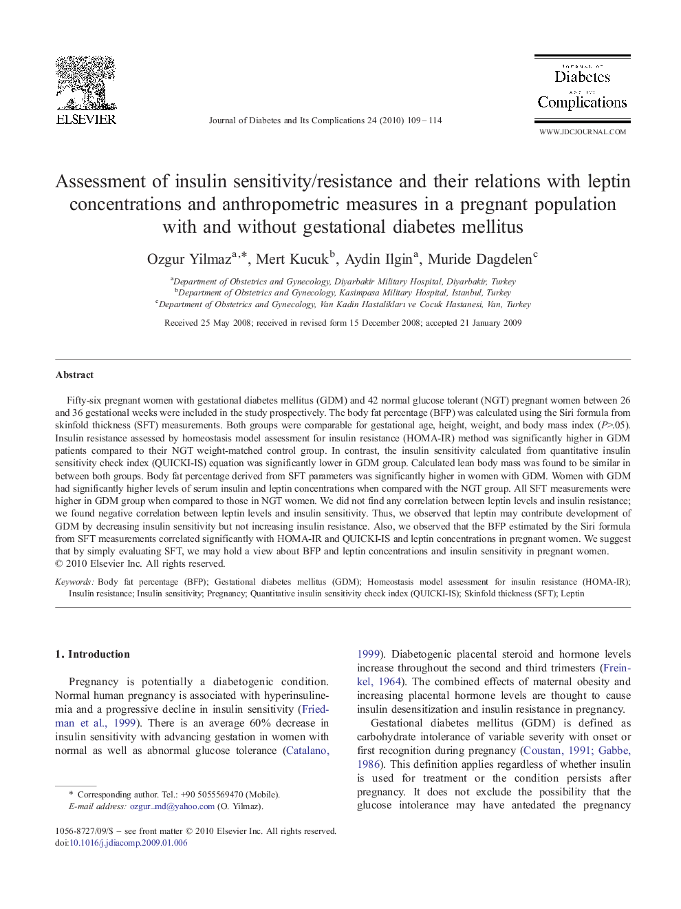 Assessment of insulin sensitivity/resistance and their relations with leptin concentrations and anthropometric measures in a pregnant population with and without gestational diabetes mellitus