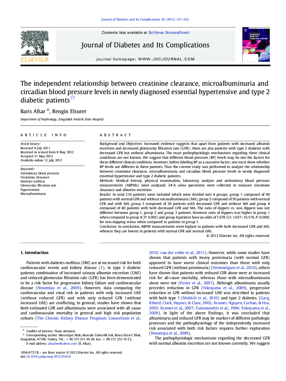 The independent relationship between creatinine clearance, microalbuminuria and circadian blood pressure levels in newly diagnosed essential hypertensive and type 2 diabetic patients 