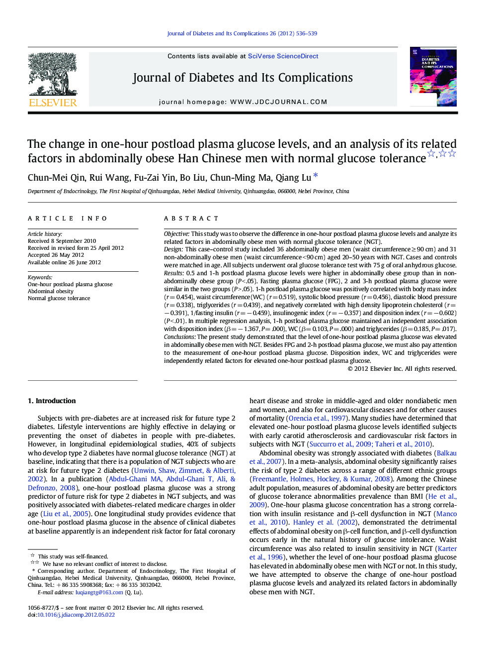 The change in one-hour postload plasma glucose levels, and an analysis of its related factors in abdominally obese Han Chinese men with normal glucose tolerance 