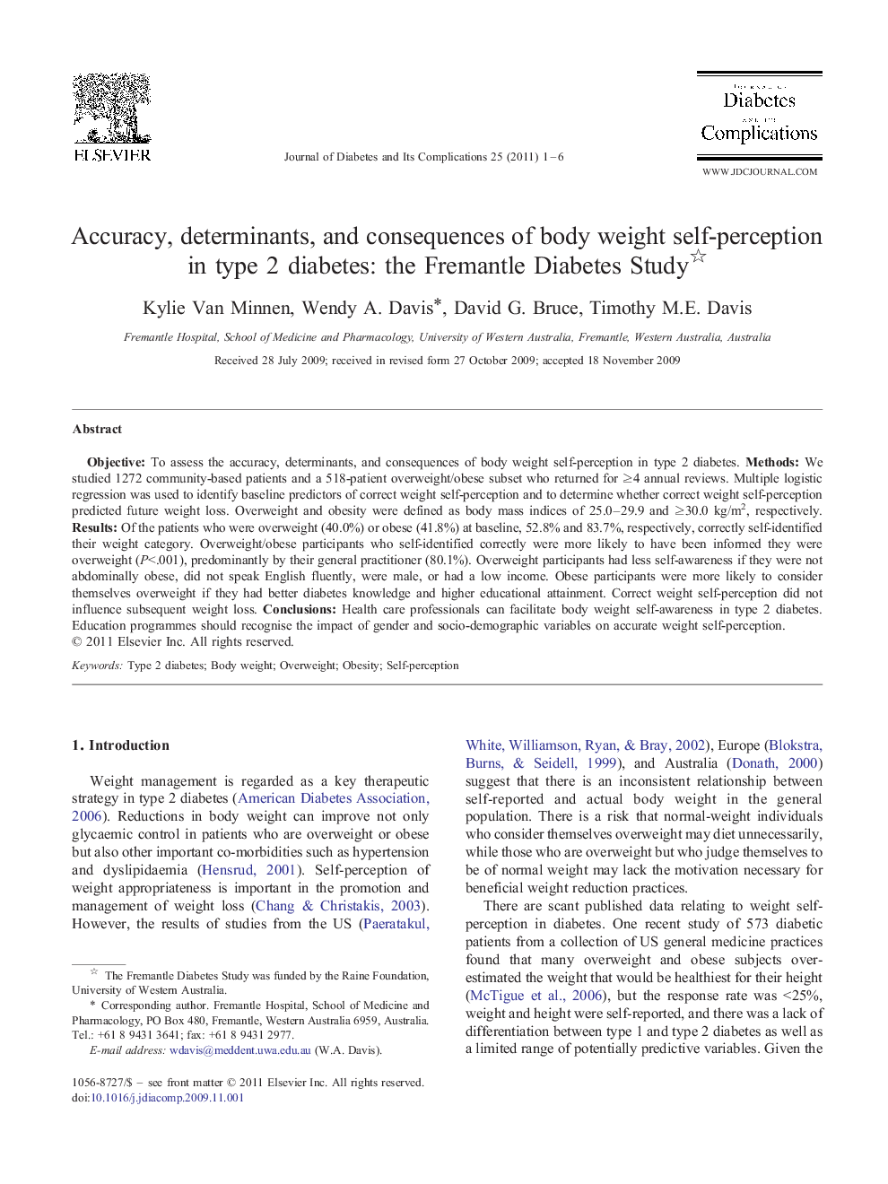 Accuracy, determinants, and consequences of body weight self-perception in type 2 diabetes: the Fremantle Diabetes Study 