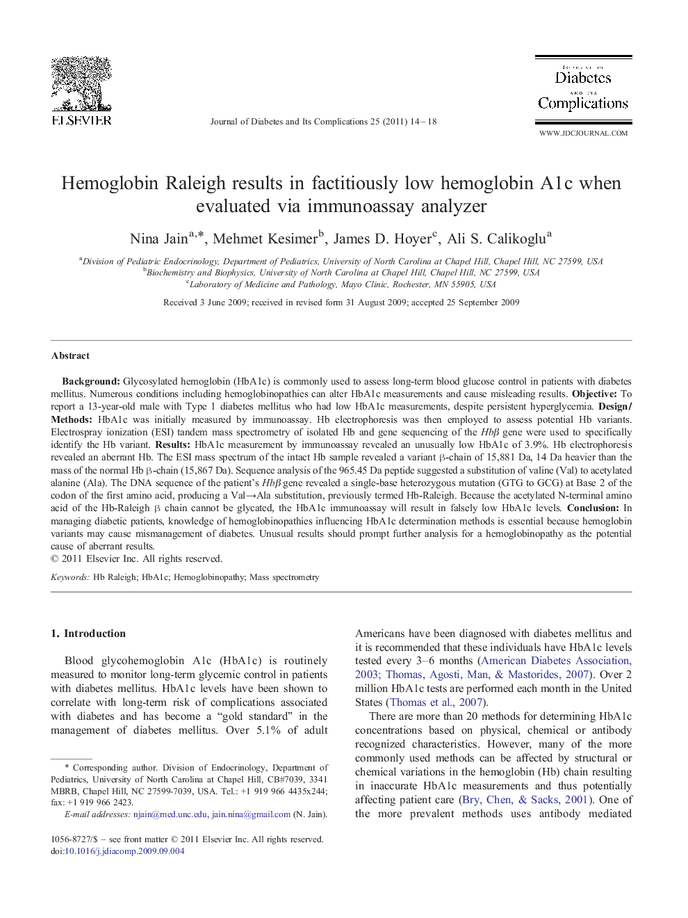 Hemoglobin Raleigh results in factitiously low hemoglobin A1c when evaluated via immunoassay analyzer