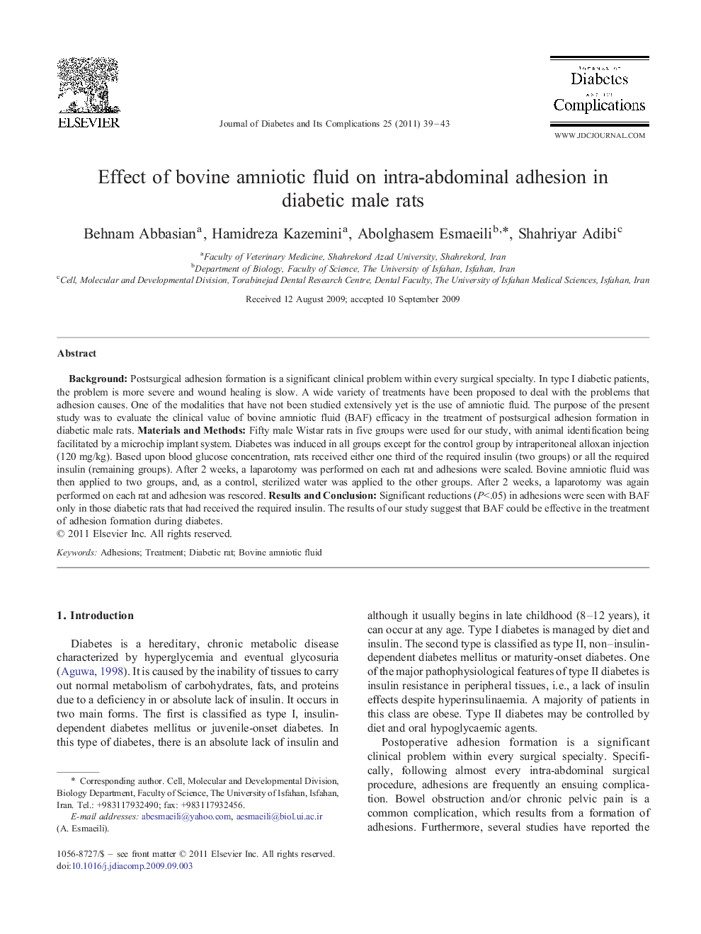 Effect of bovine amniotic fluid on intra-abdominal adhesion in diabetic male rats