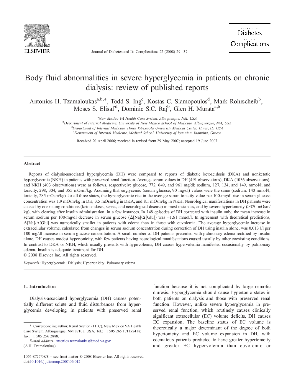 Body fluid abnormalities in severe hyperglycemia in patients on chronic dialysis: review of published reports