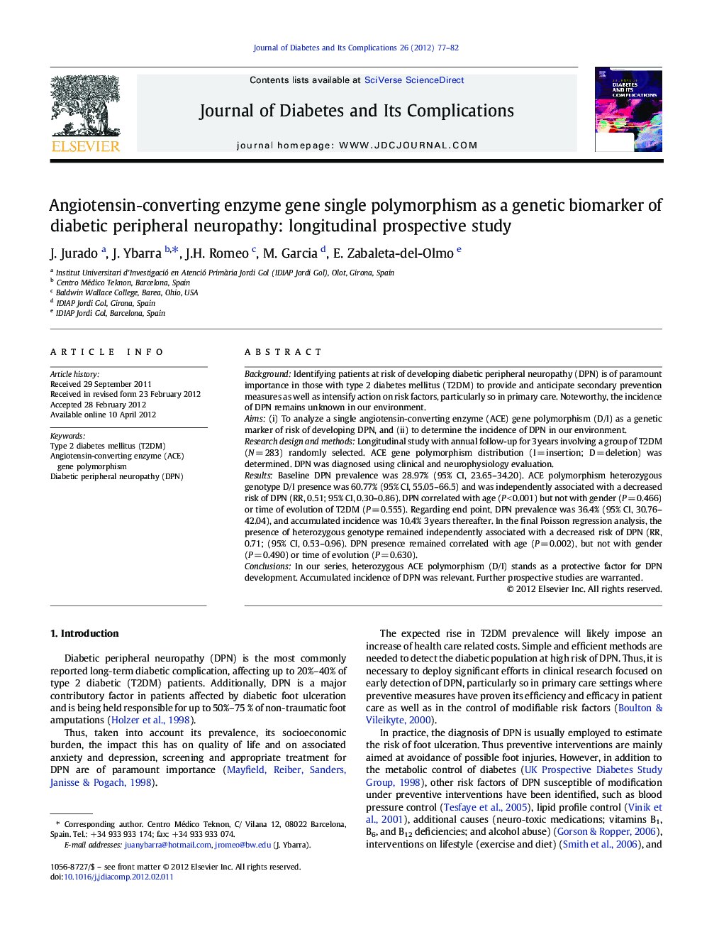 Angiotensin-converting enzyme gene single polymorphism as a genetic biomarker of diabetic peripheral neuropathy: longitudinal prospective study