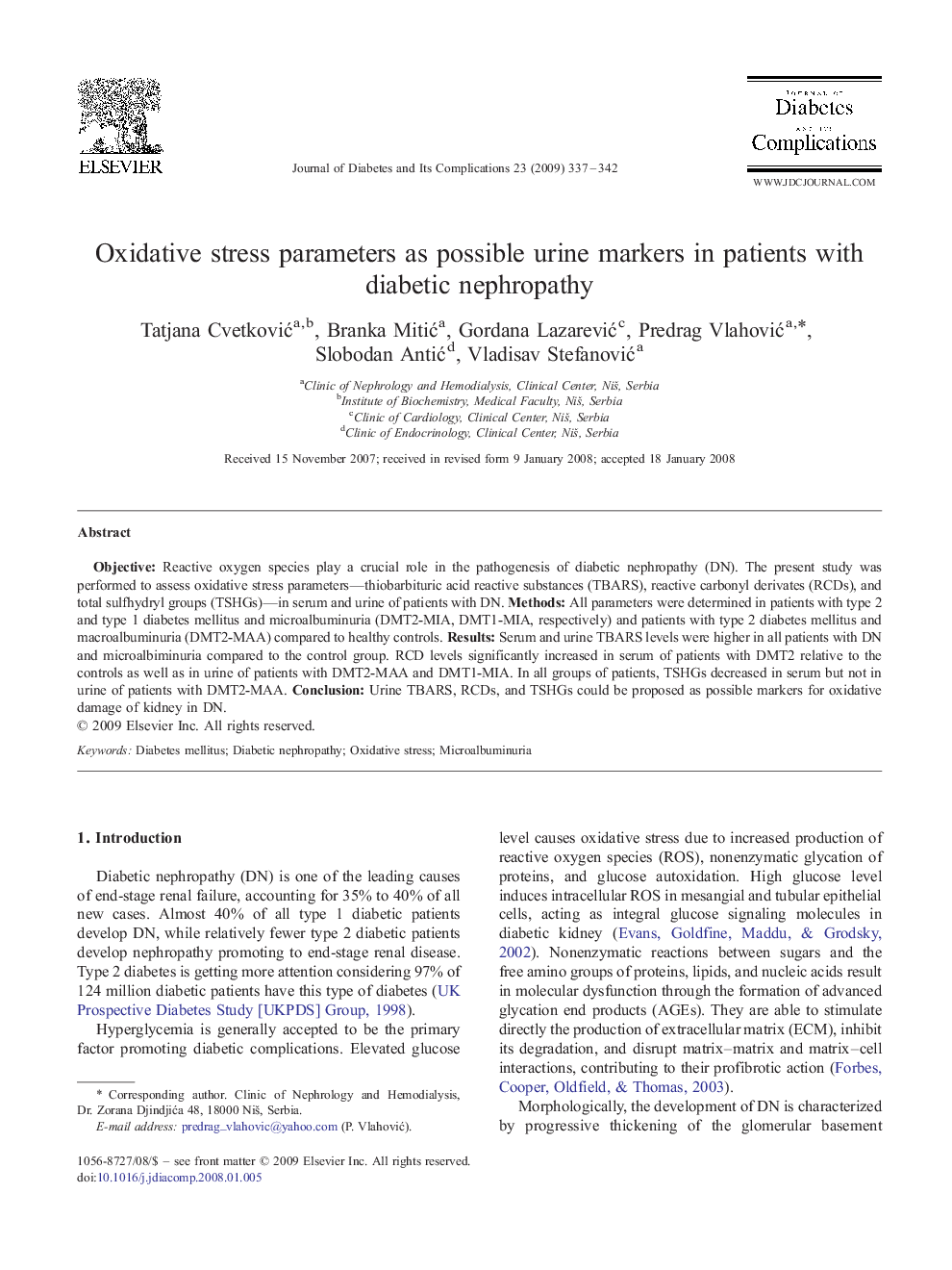 Oxidative stress parameters as possible urine markers in patients with diabetic nephropathy