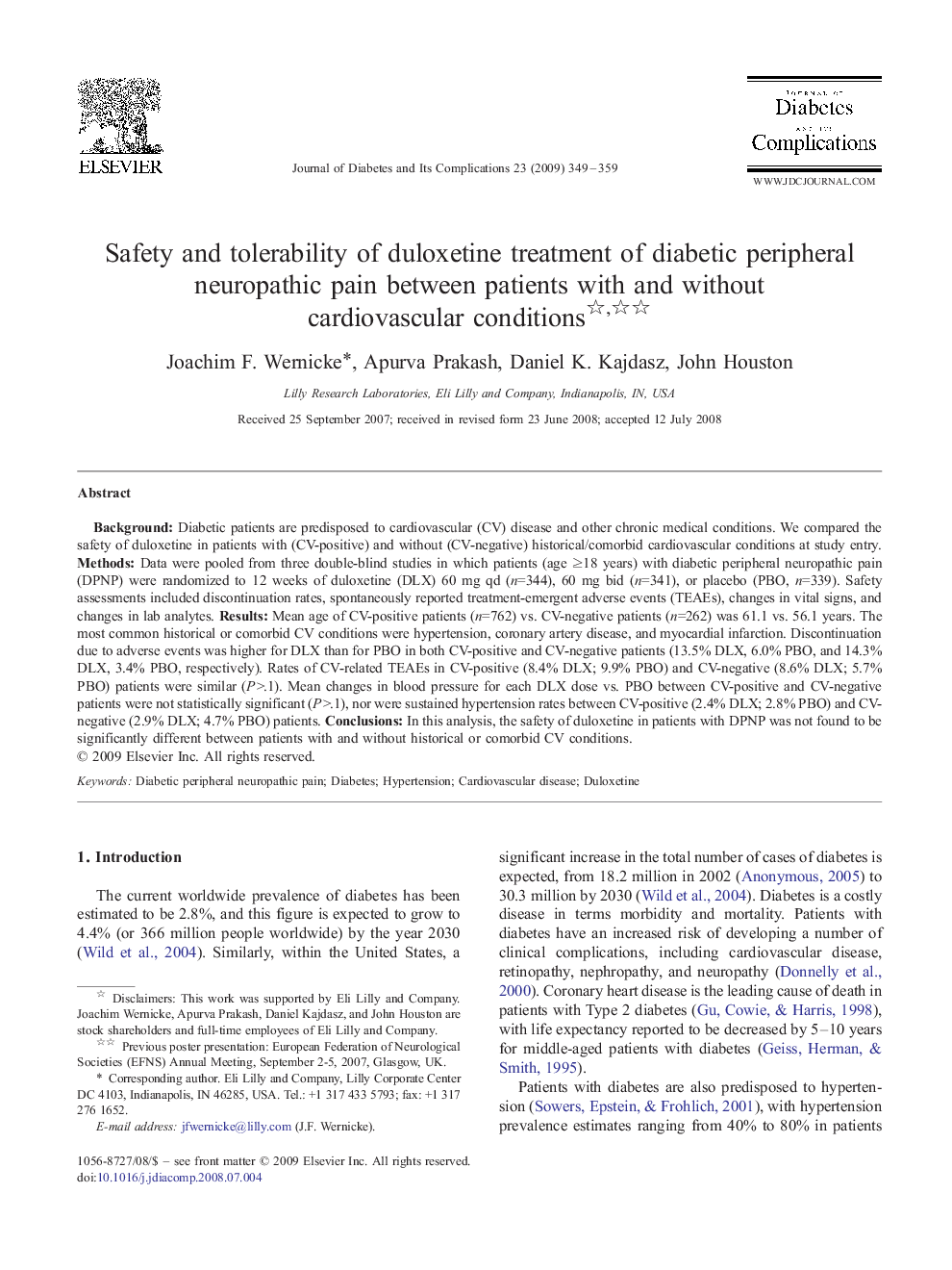 Safety and tolerability of duloxetine treatment of diabetic peripheral neuropathic pain between patients with and without cardiovascular conditions 