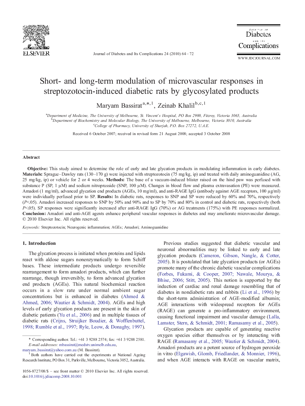 Short- and long-term modulation of microvascular responses in streptozotocin-induced diabetic rats by glycosylated products