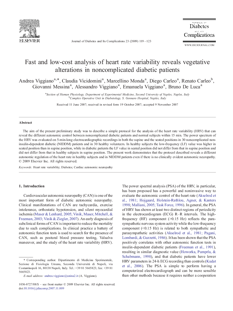 Fast and low-cost analysis of heart rate variability reveals vegetative alterations in noncomplicated diabetic patients