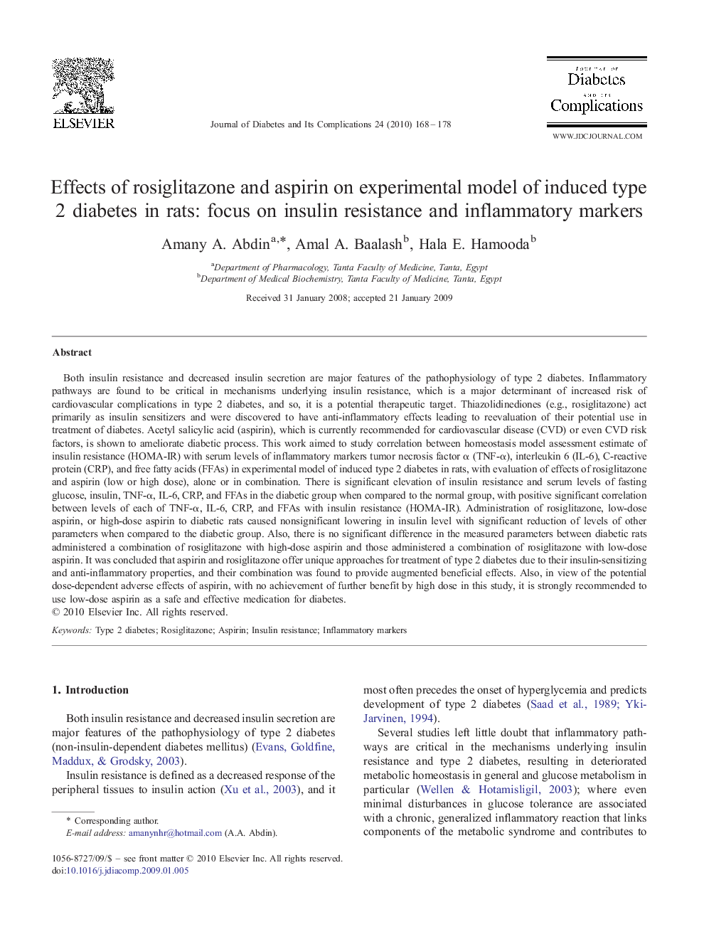 Effects of rosiglitazone and aspirin on experimental model of induced type 2 diabetes in rats: focus on insulin resistance and inflammatory markers