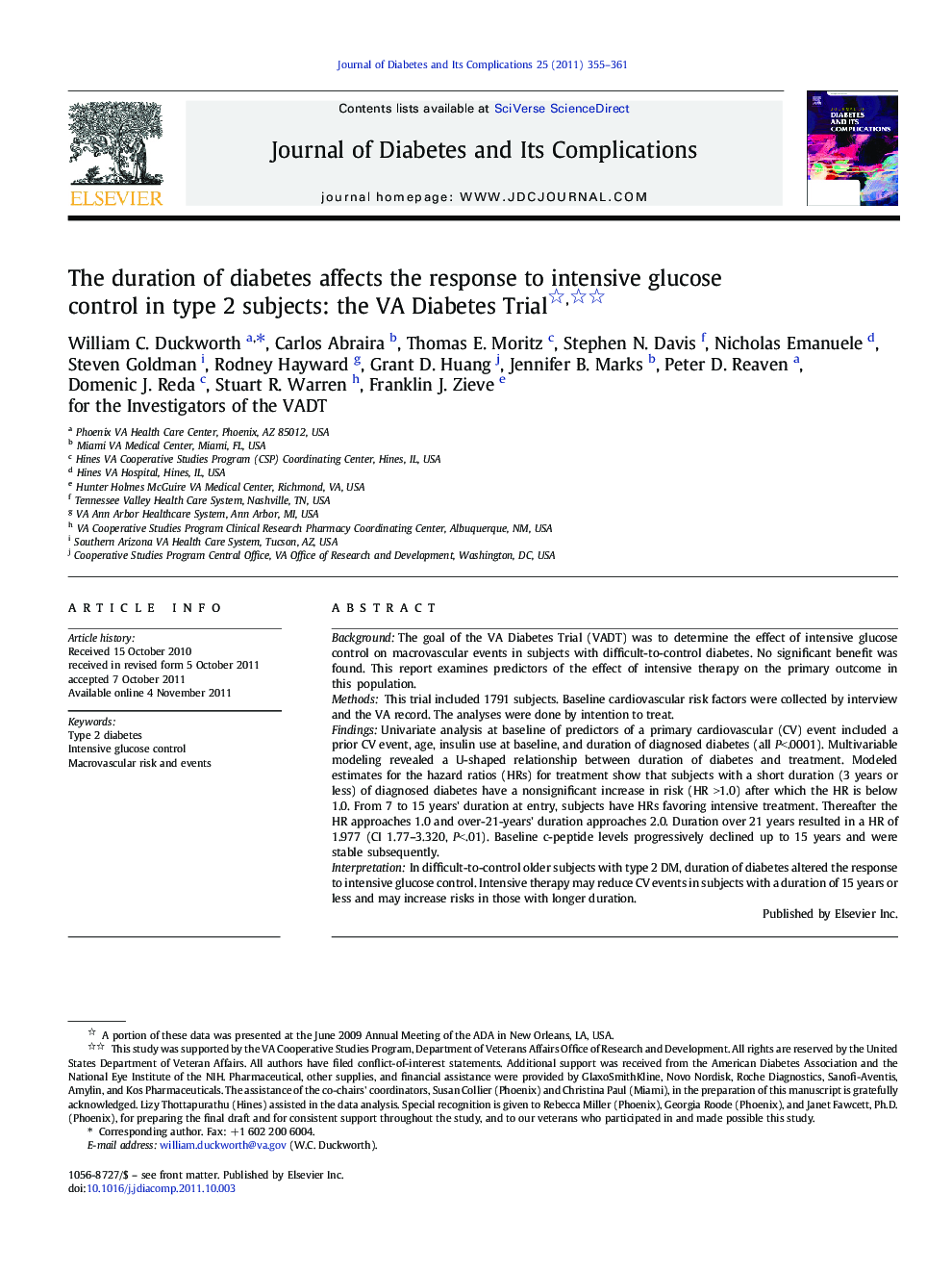 The duration of diabetes affects the response to intensive glucose control in type 2 subjects: the VA Diabetes Trial 