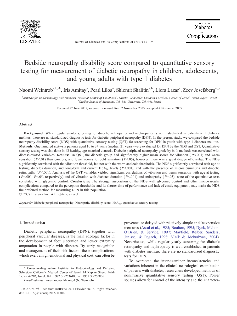 Bedside neuropathy disability score compared to quantitative sensory testing for measurement of diabetic neuropathy in children, adolescents, and young adults with type 1 diabetes