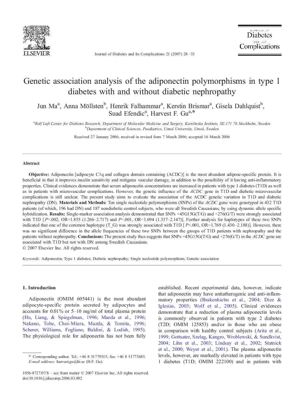 Genetic association analysis of the adiponectin polymorphisms in type 1 diabetes with and without diabetic nephropathy