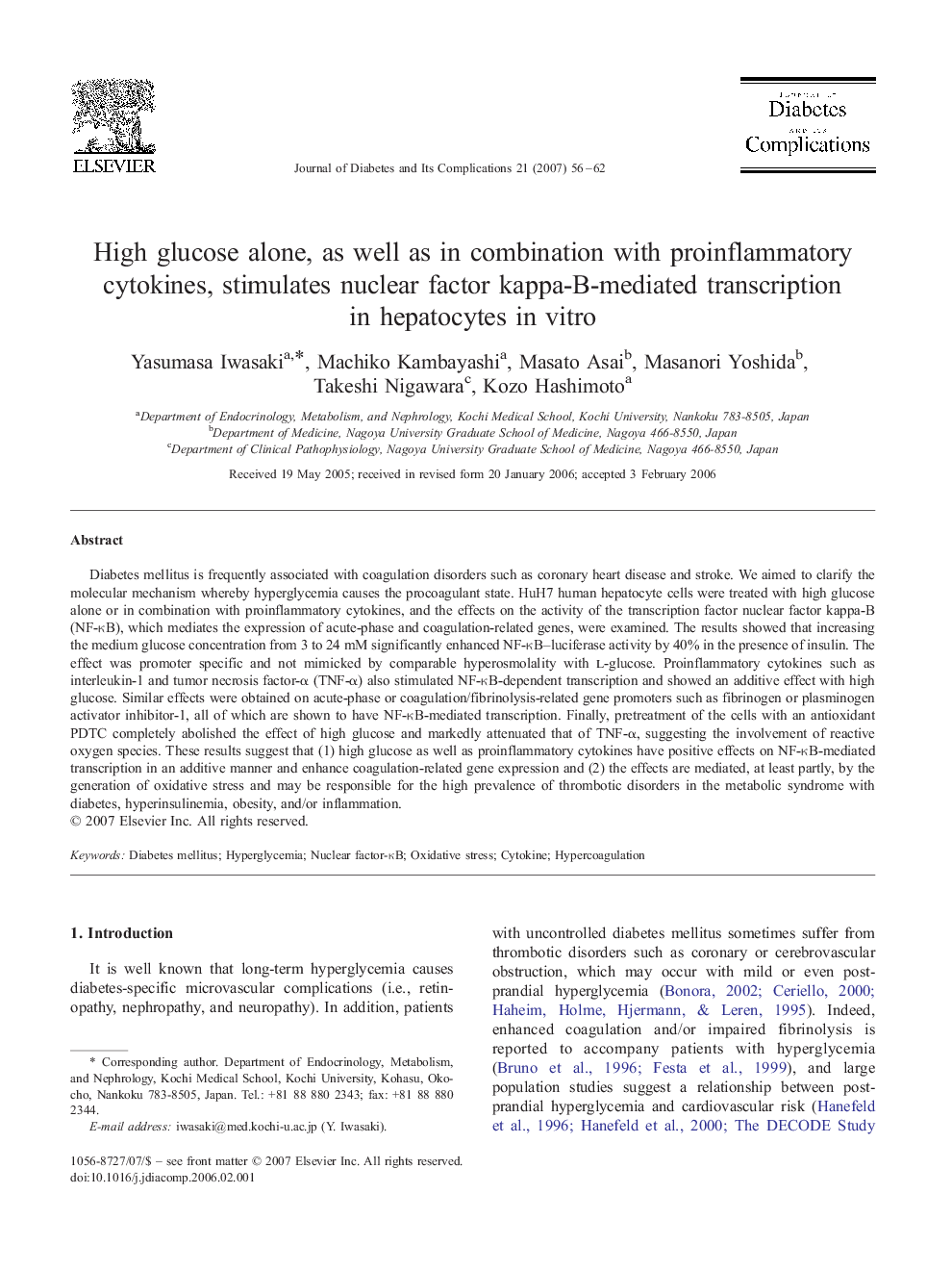 High glucose alone, as well as in combination with proinflammatory cytokines, stimulates nuclear factor kappa-B-mediated transcription in hepatocytes in vitro