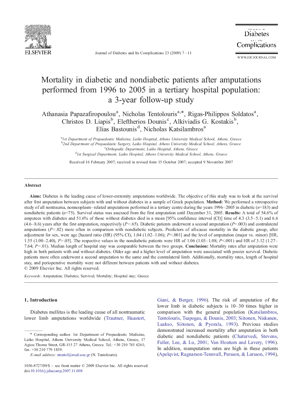 Mortality in diabetic and nondiabetic patients after amputations performed from 1996 to 2005 in a tertiary hospital population: a 3-year follow-up study