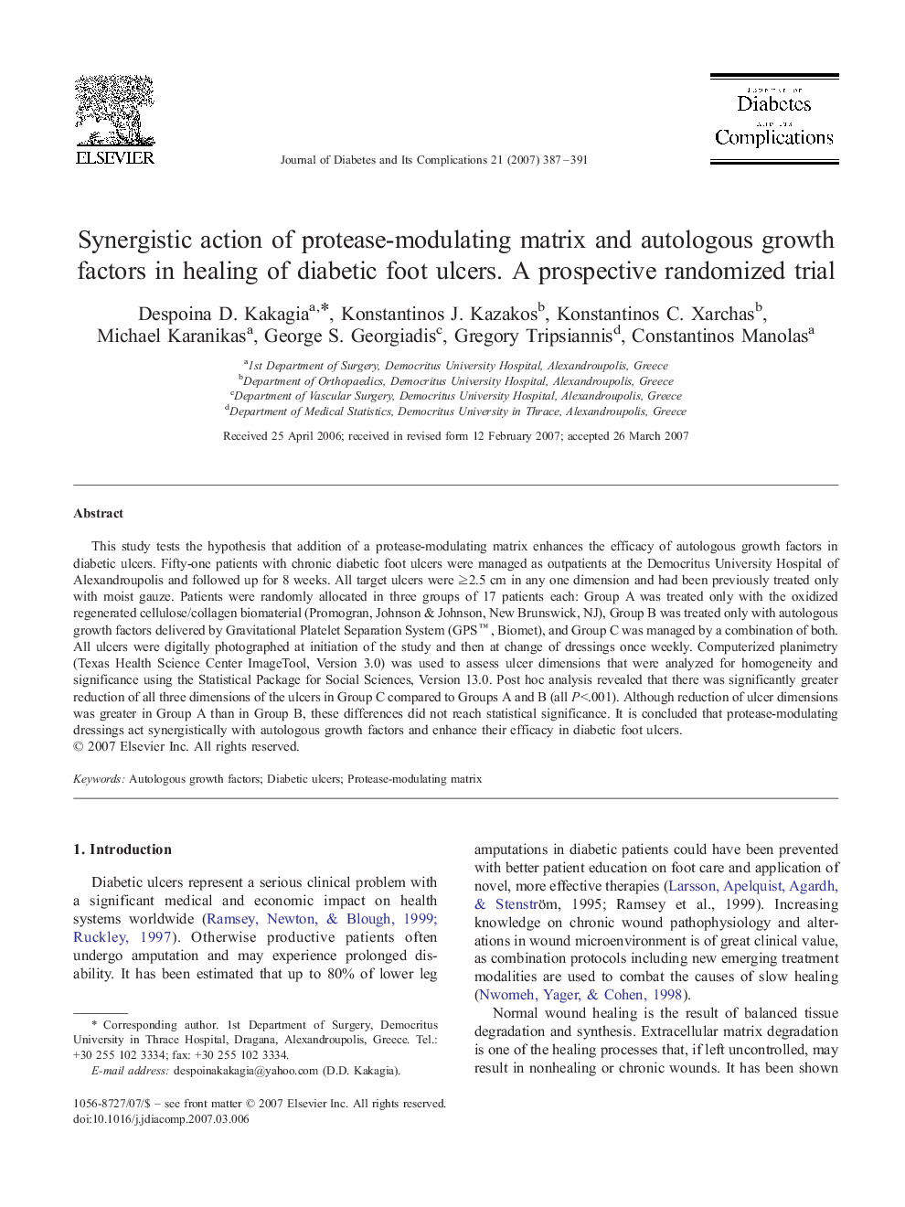 Synergistic action of protease-modulating matrix and autologous growth factors in healing of diabetic foot ulcers. A prospective randomized trial