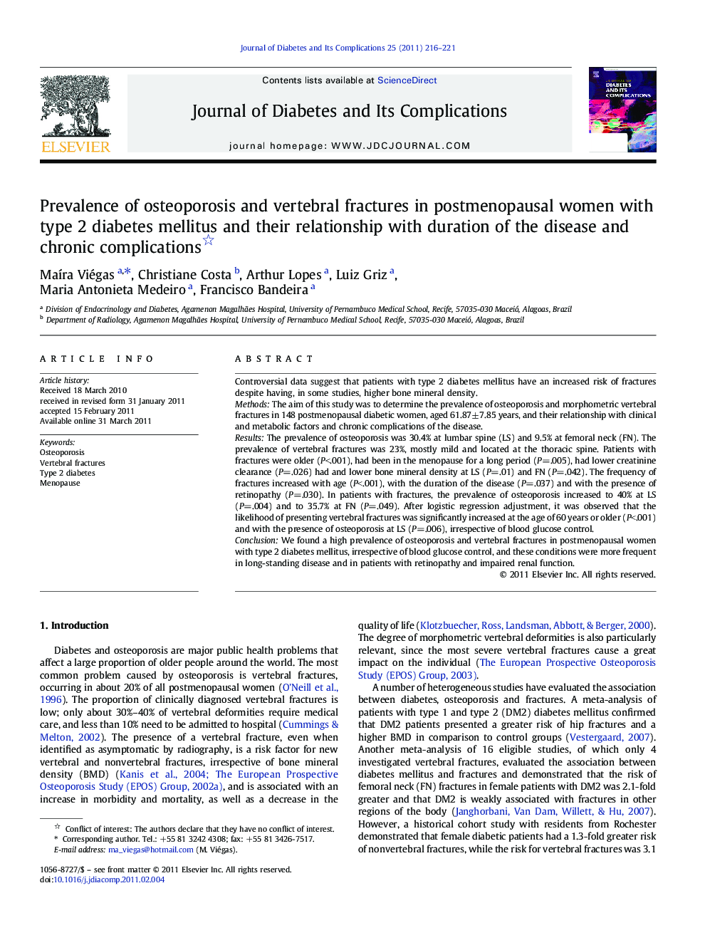 Prevalence of osteoporosis and vertebral fractures in postmenopausal women with type 2 diabetes mellitus and their relationship with duration of the disease and chronic complications 