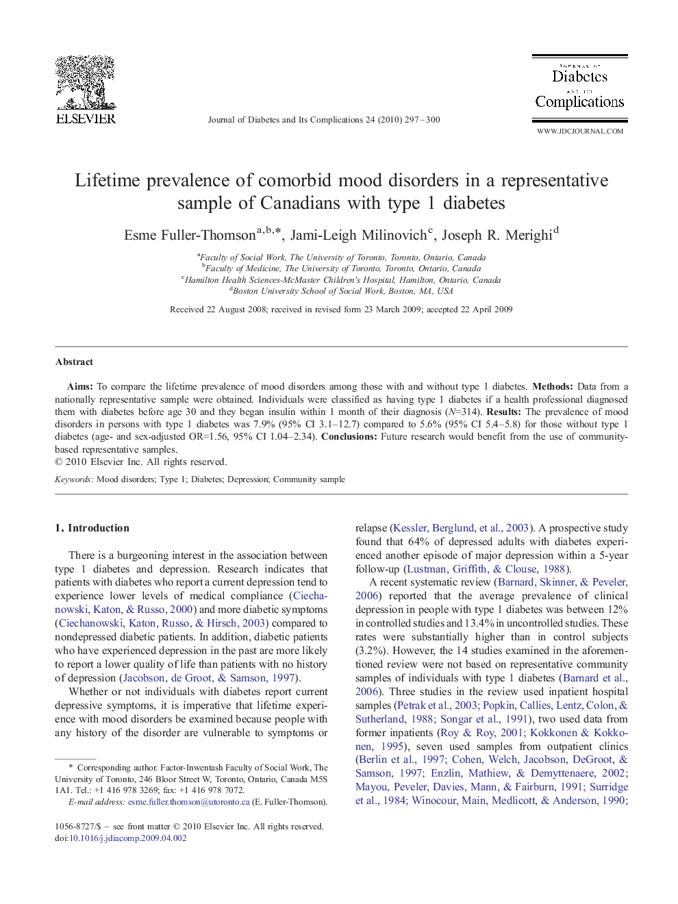 Lifetime prevalence of comorbid mood disorders in a representative sample of Canadians with type 1 diabetes