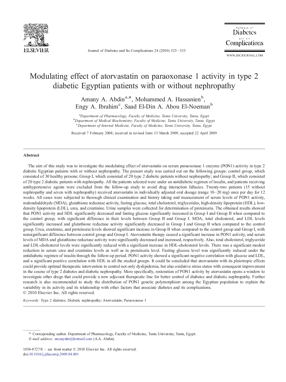 Modulating effect of atorvastatin on paraoxonase 1 activity in type 2 diabetic Egyptian patients with or without nephropathy