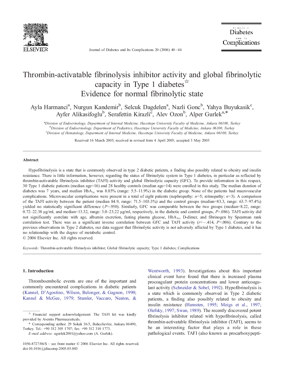 Thrombin-activatable fibrinolysis inhibitor activity and global fibrinolytic capacity in Type 1 diabetes : Evidence for normal fibrinolytic state