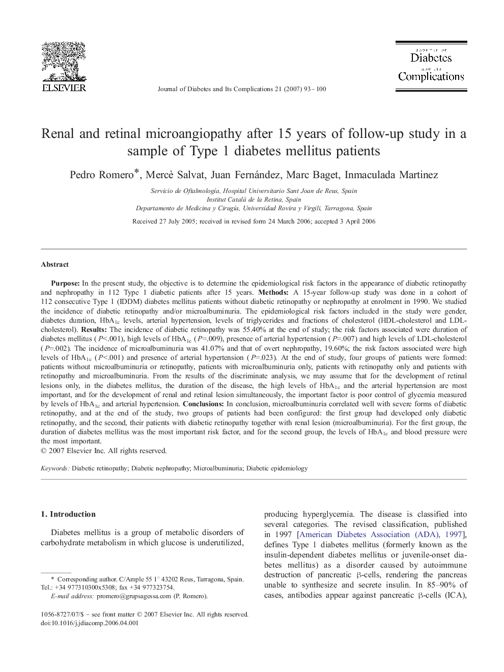 Renal and retinal microangiopathy after 15 years of follow-up study in a sample of Type 1 diabetes mellitus patients