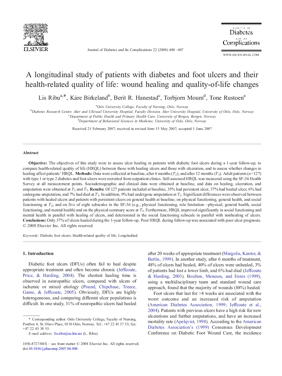 A longitudinal study of patients with diabetes and foot ulcers and their health-related quality of life: wound healing and quality-of-life changes